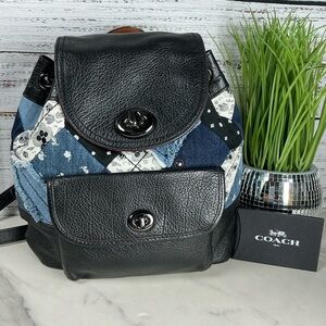 Coach Bag Black and Blue Denim Skulls Quilted Patchwork Turnlock Backpack School